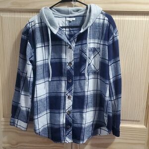Maurices Navy Plaid Button Down Hoodie